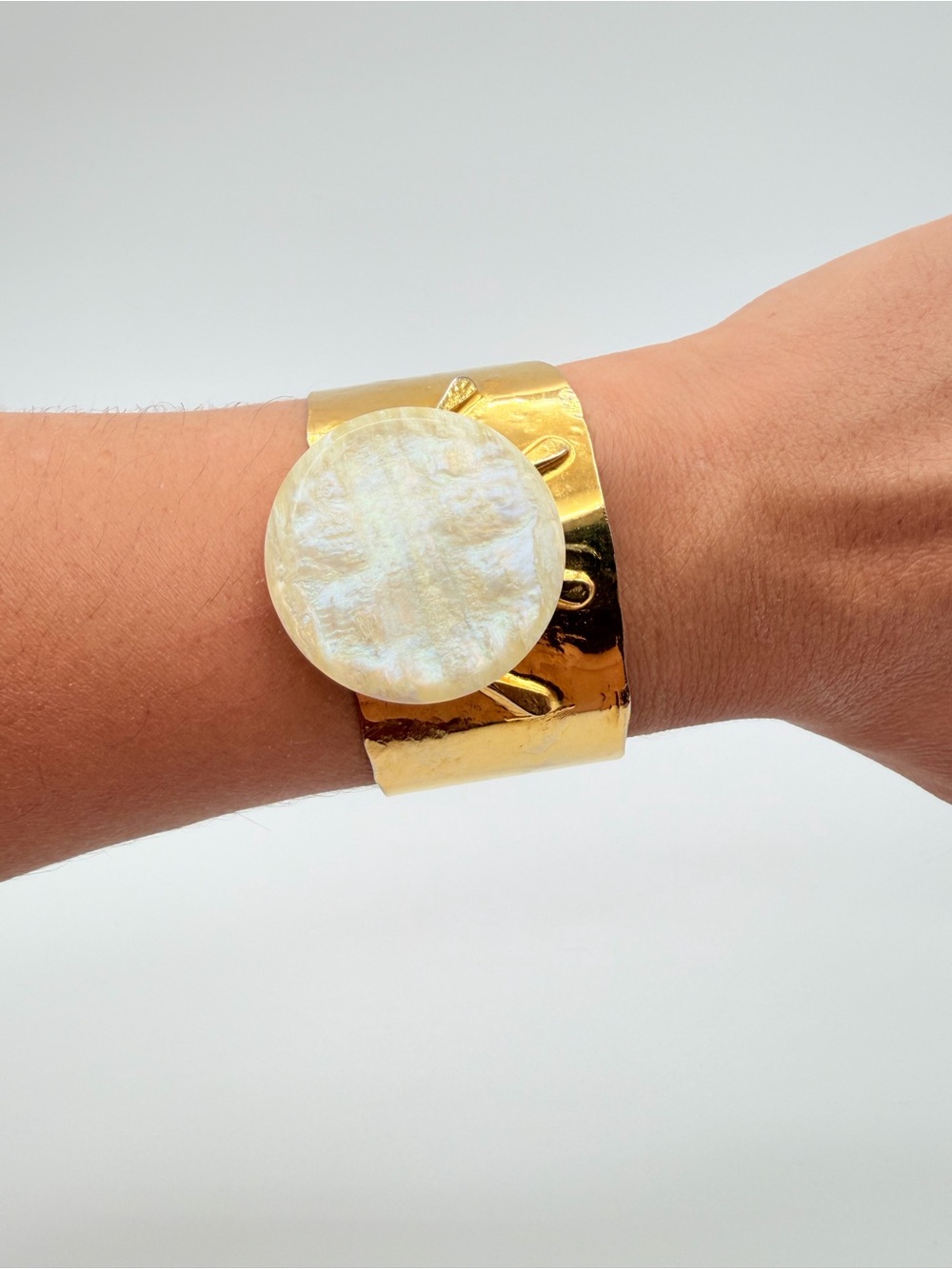 Vintage Gold Tone Cuff Bracelet with Faux Mother of Pearl Disc